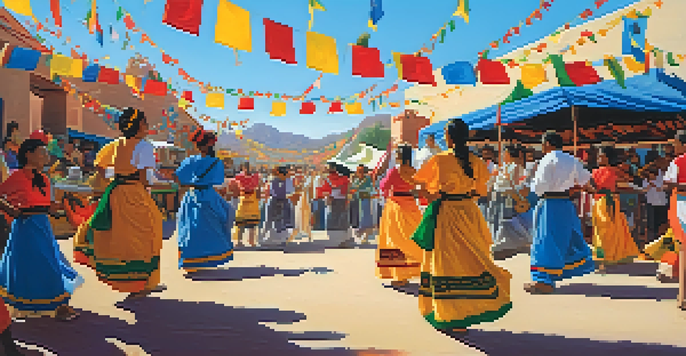 A lively Tucson cultural festival with people in traditional attire, colorful decorations, and stalls showcasing local crafts under a clear sky.