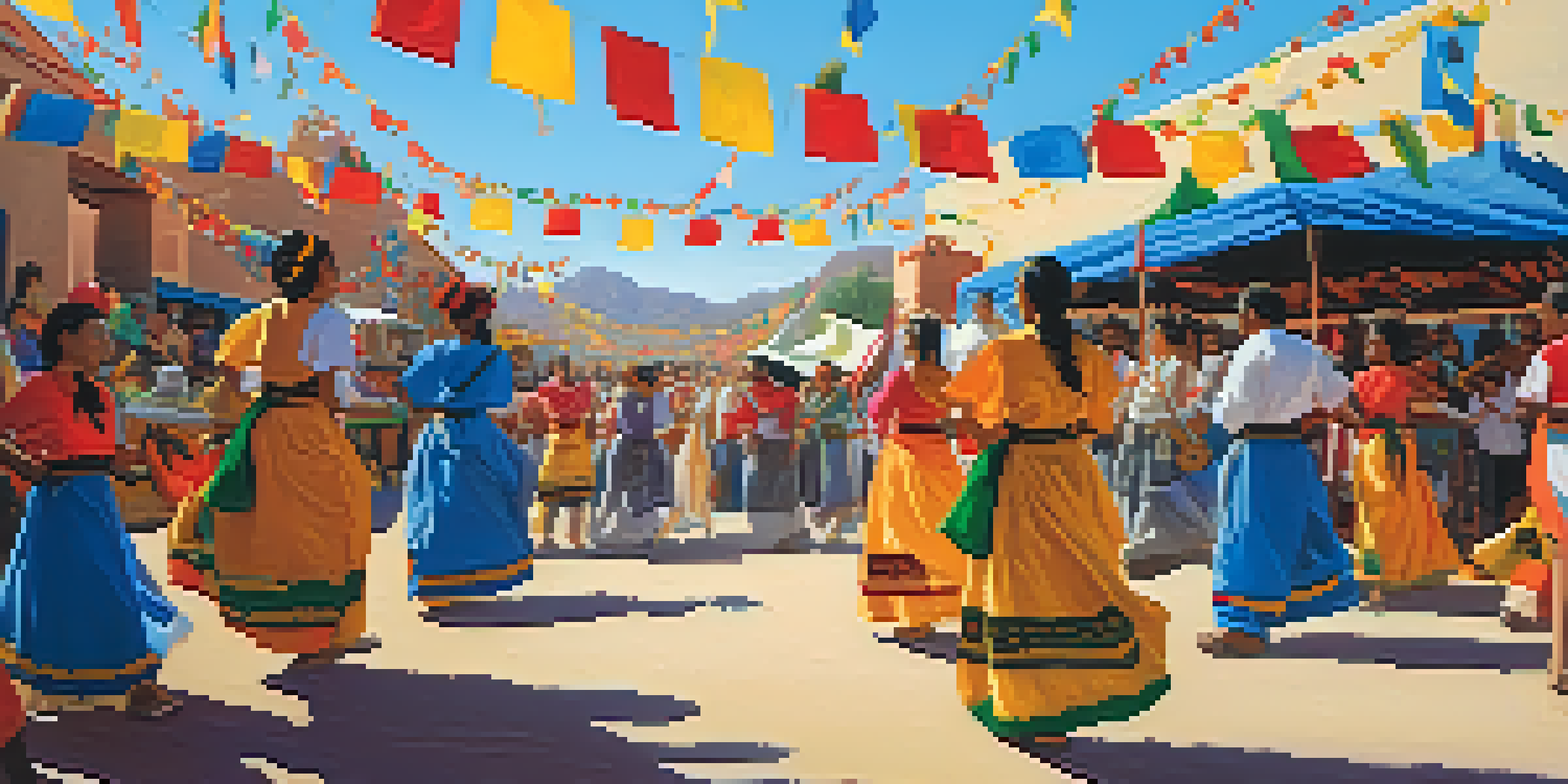 A lively Tucson cultural festival with people in traditional attire, colorful decorations, and stalls showcasing local crafts under a clear sky.