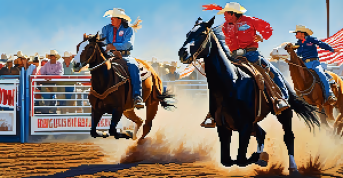 A lively rodeo scene with cowboys riding broncos, surrounded by cheering spectators and colorful banners.