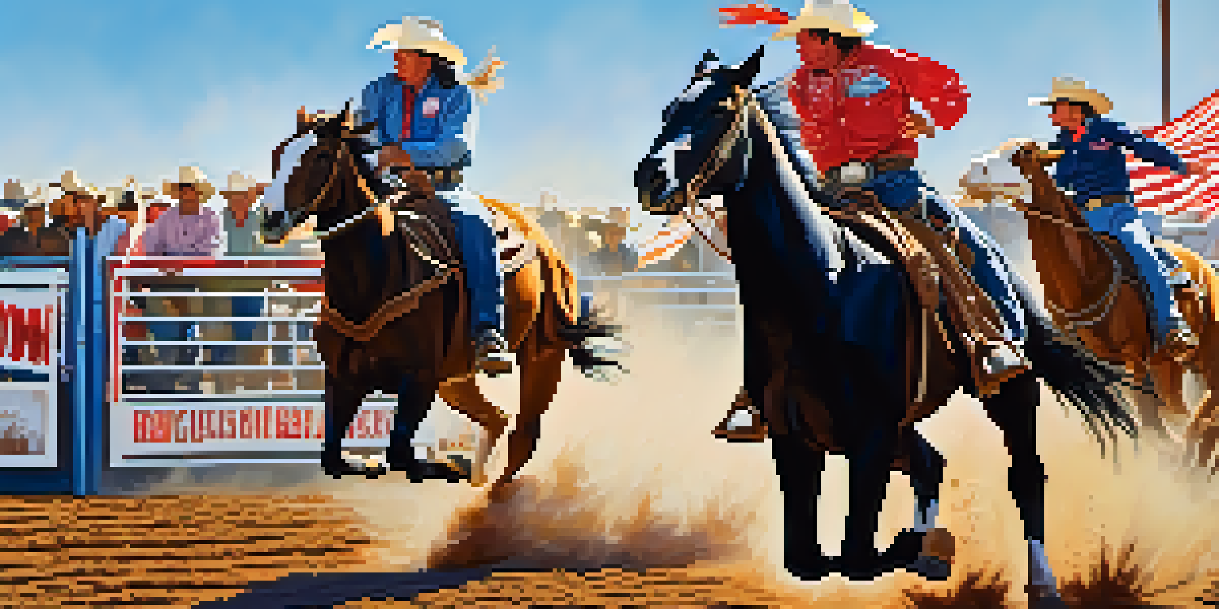 A lively rodeo scene with cowboys riding broncos, surrounded by cheering spectators and colorful banners.