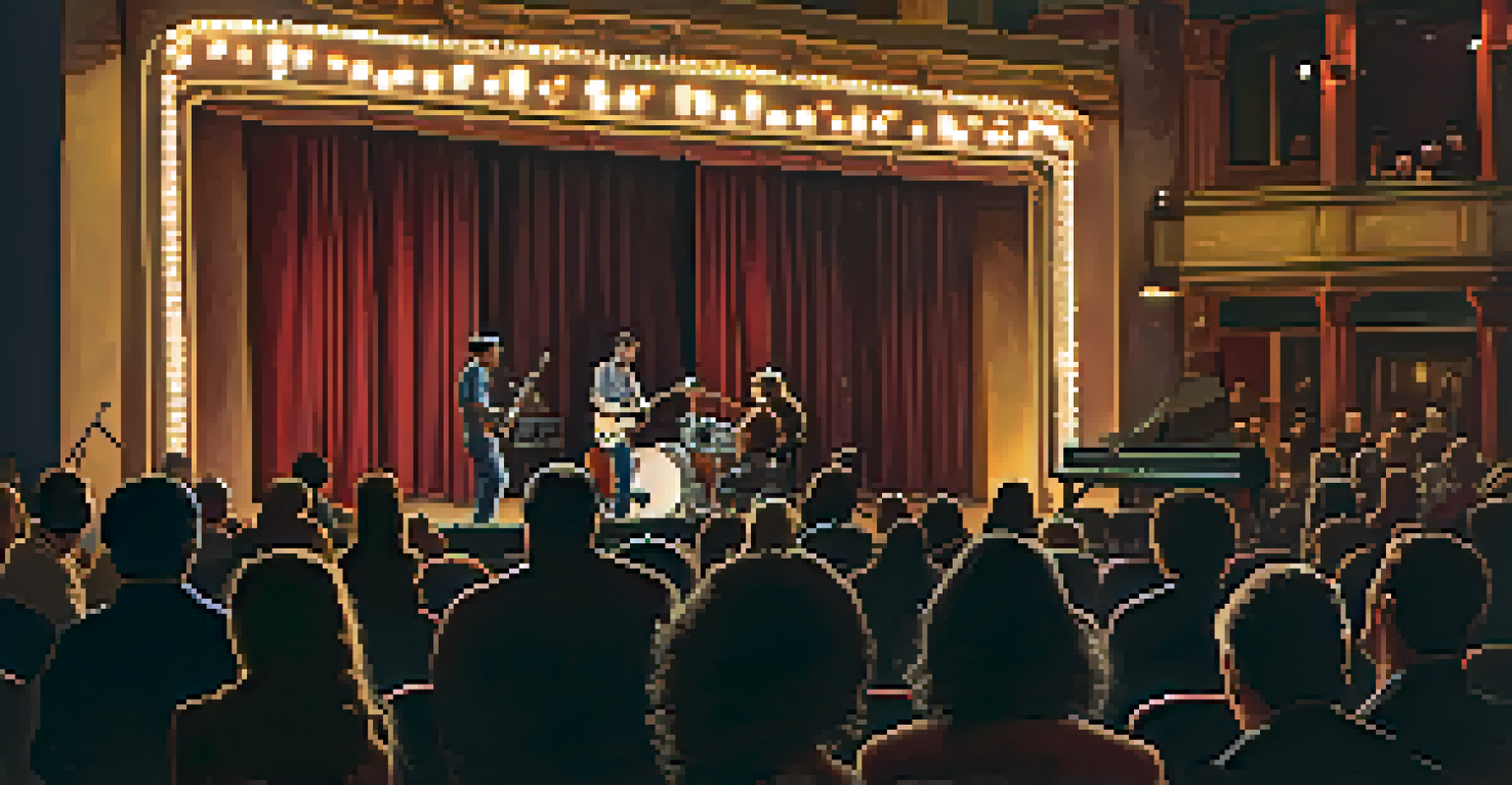 A solo musician performing on stage at the Rialto Theatre, surrounded by a captivated audience in a cozy, warmly-lit concert setting.
