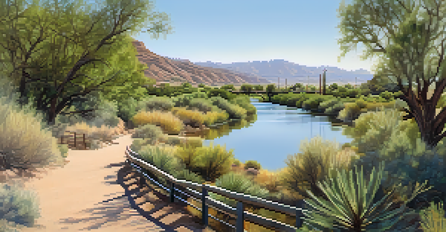 A peaceful view of the Santa Cruz River with a walking path and greenery, perfect for leisurely strolls.