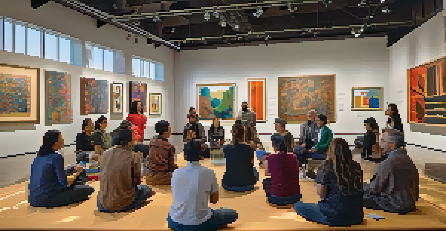 A diverse group of people in an art workshop, engaged in learning about different cultures through vibrant artwork.