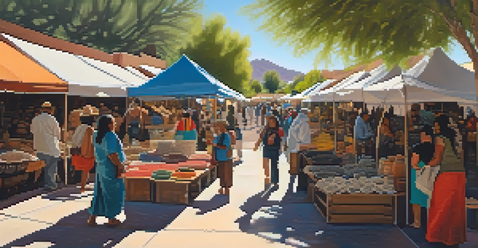 An outdoor market in Tucson featuring Indigenous artisans selling pottery, textiles, and jewelry under sunlight with colorful stalls.