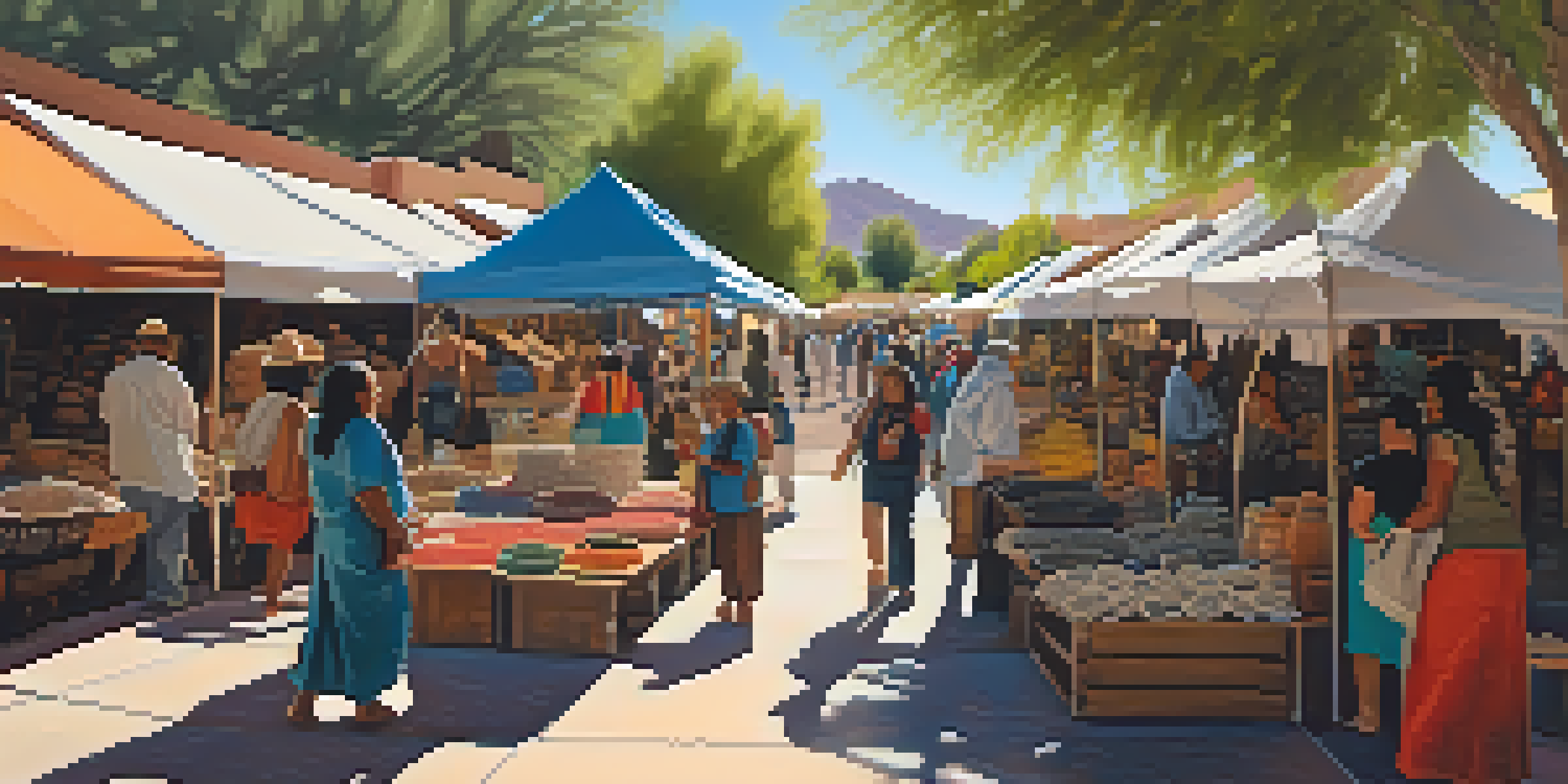 An outdoor market in Tucson featuring Indigenous artisans selling pottery, textiles, and jewelry under sunlight with colorful stalls.