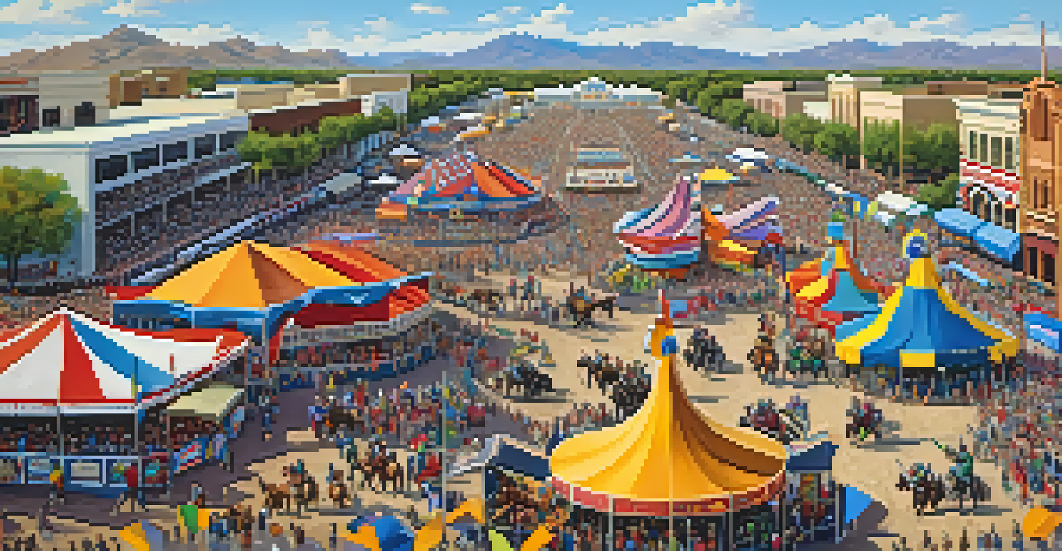 Aerial view of the Tucson Rodeo parade featuring colorful floats and participants on horseback amidst a joyful crowd.