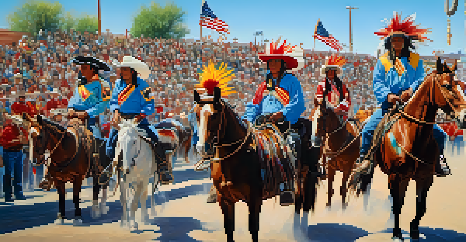 Participants in traditional attire riding horseback at the Tucson Rodeo Parade, with a lively crowd and decorated floats in the background.
