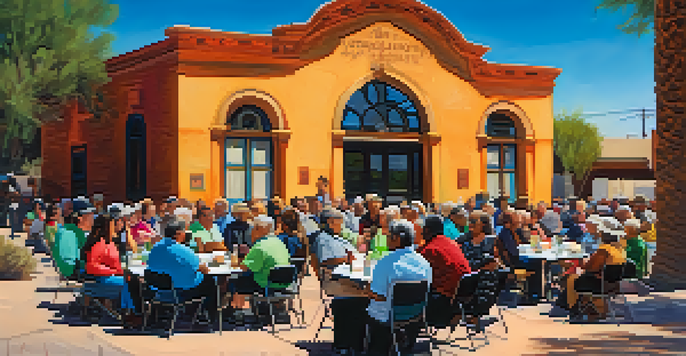 A diverse group of Tucson residents participating in a community meeting about historic preservation, seated in a circle with a historic building in the background.
