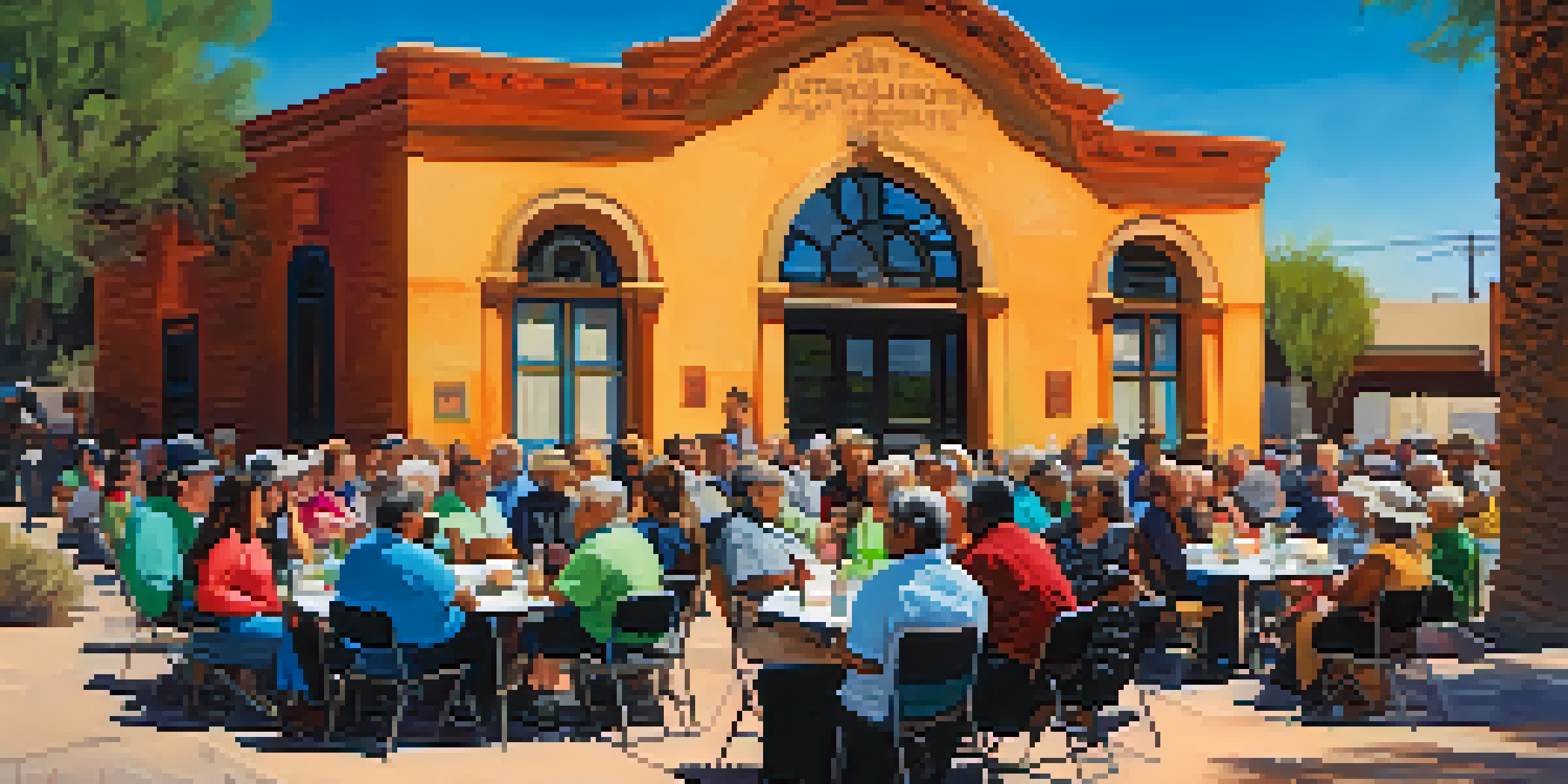 A diverse group of Tucson residents participating in a community meeting about historic preservation, seated in a circle with a historic building in the background.