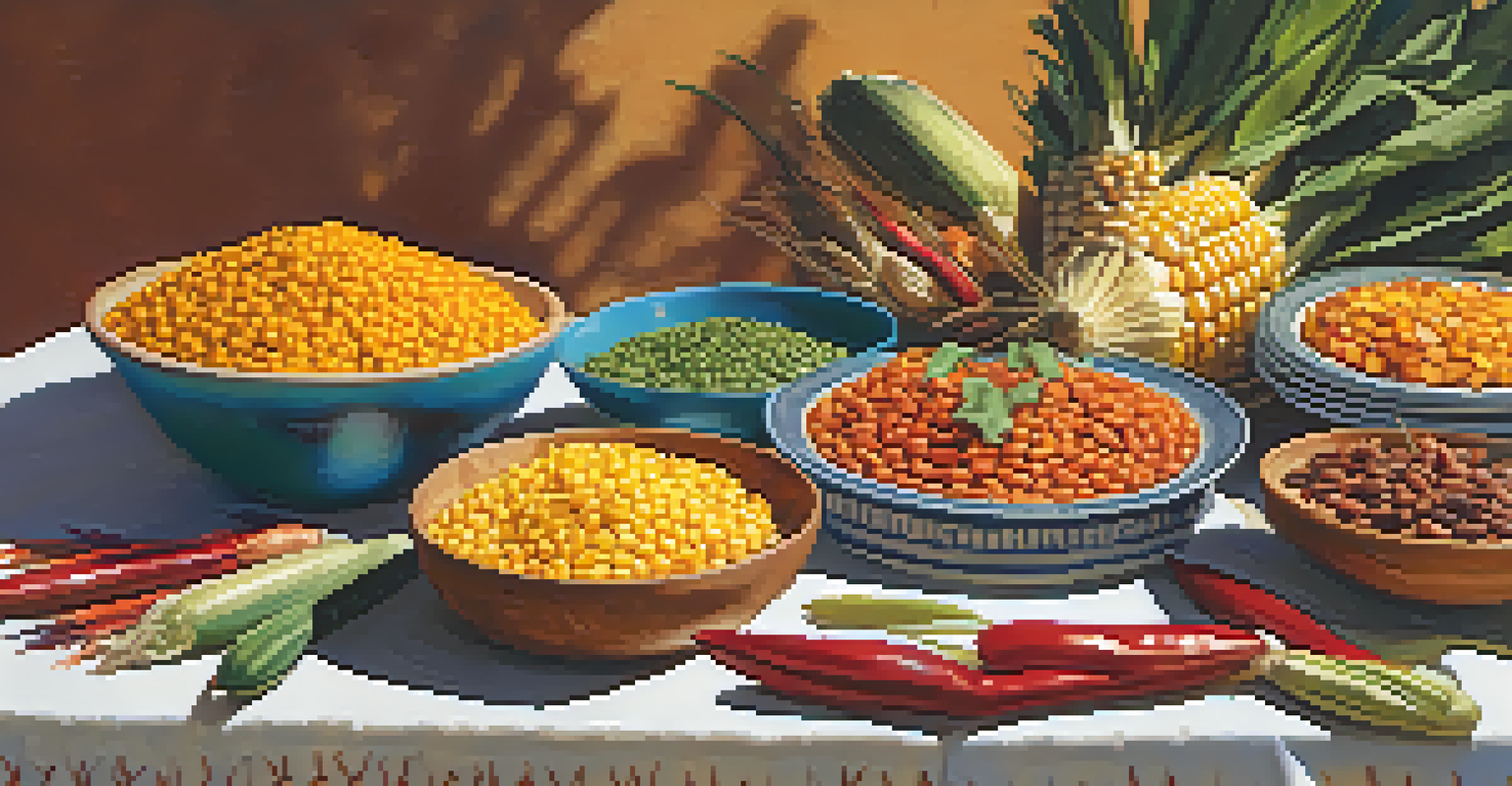 A beautifully arranged table with traditional Native American dishes, showcasing vibrant colors and textures of the food.