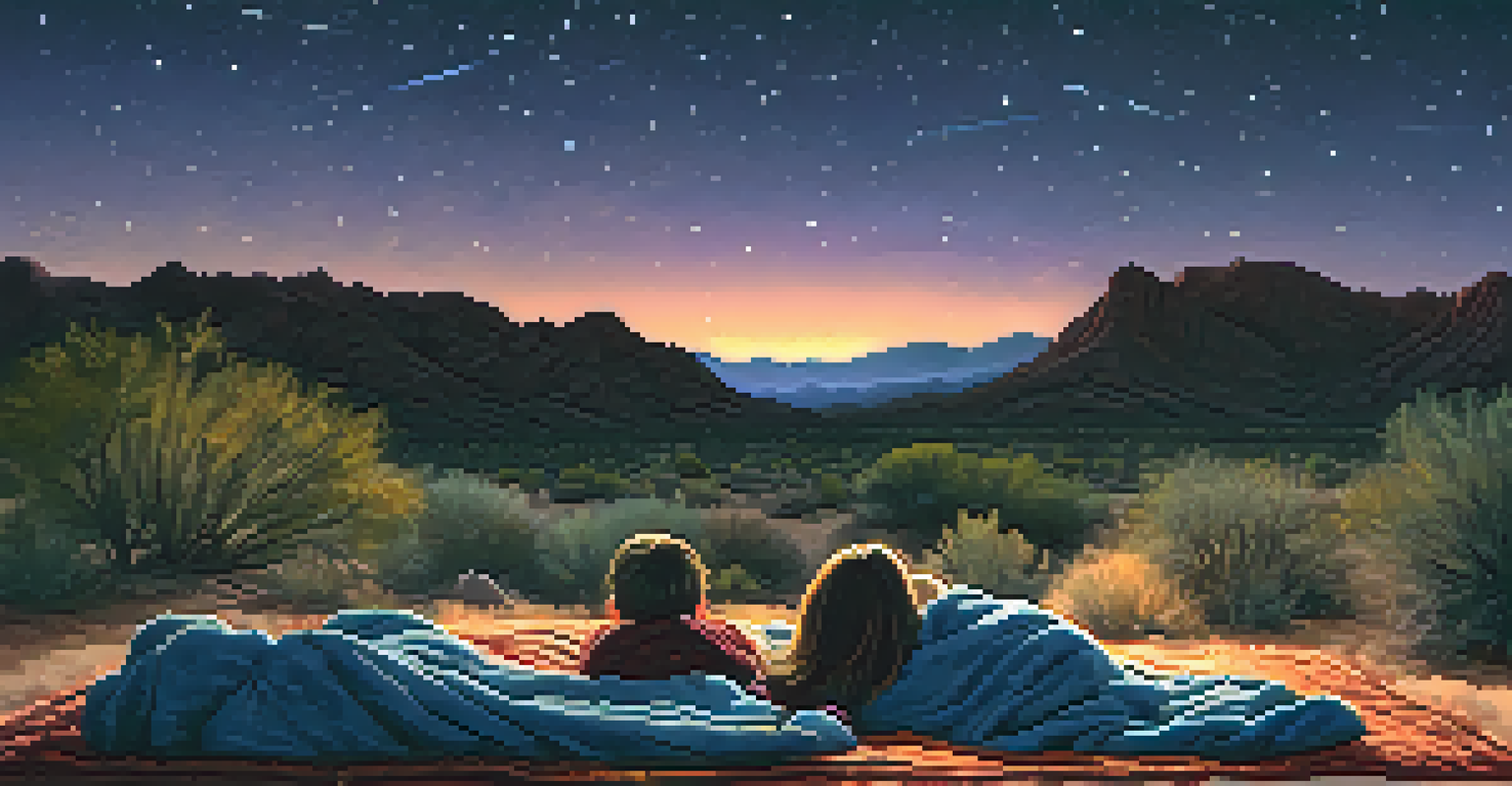A family stargazing in Tucson during winter, with a clear night sky and visible shooting stars.
