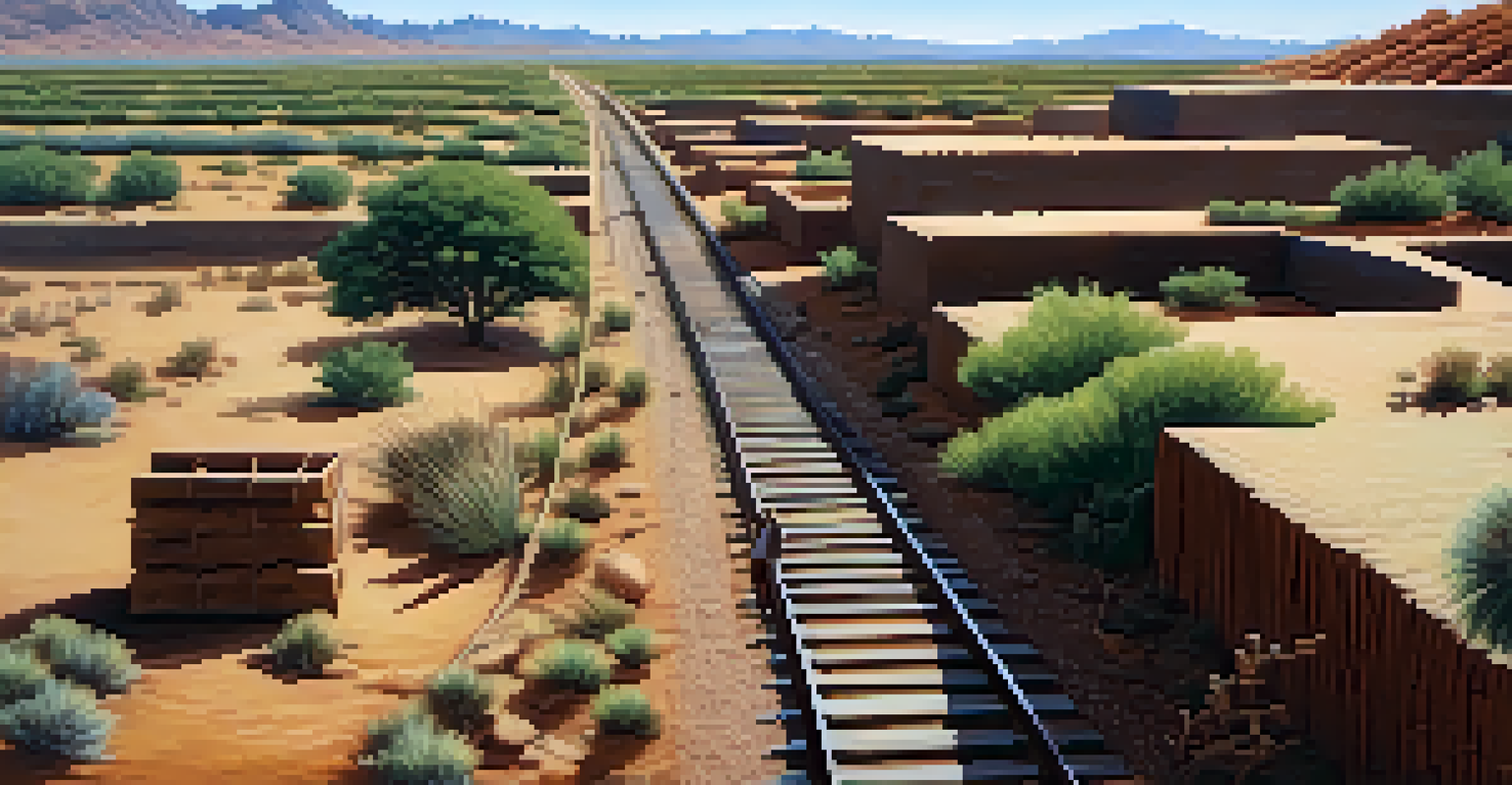 A desert landscape divided by railroad tracks, showing indigenous people tending crops on one side and settlers on the other, illustrating the contrast of lifestyles.