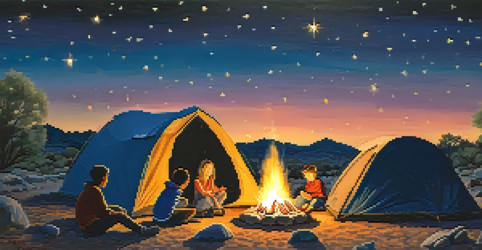 A family camping under the stars, gathered around a campfire with a tent in the background.