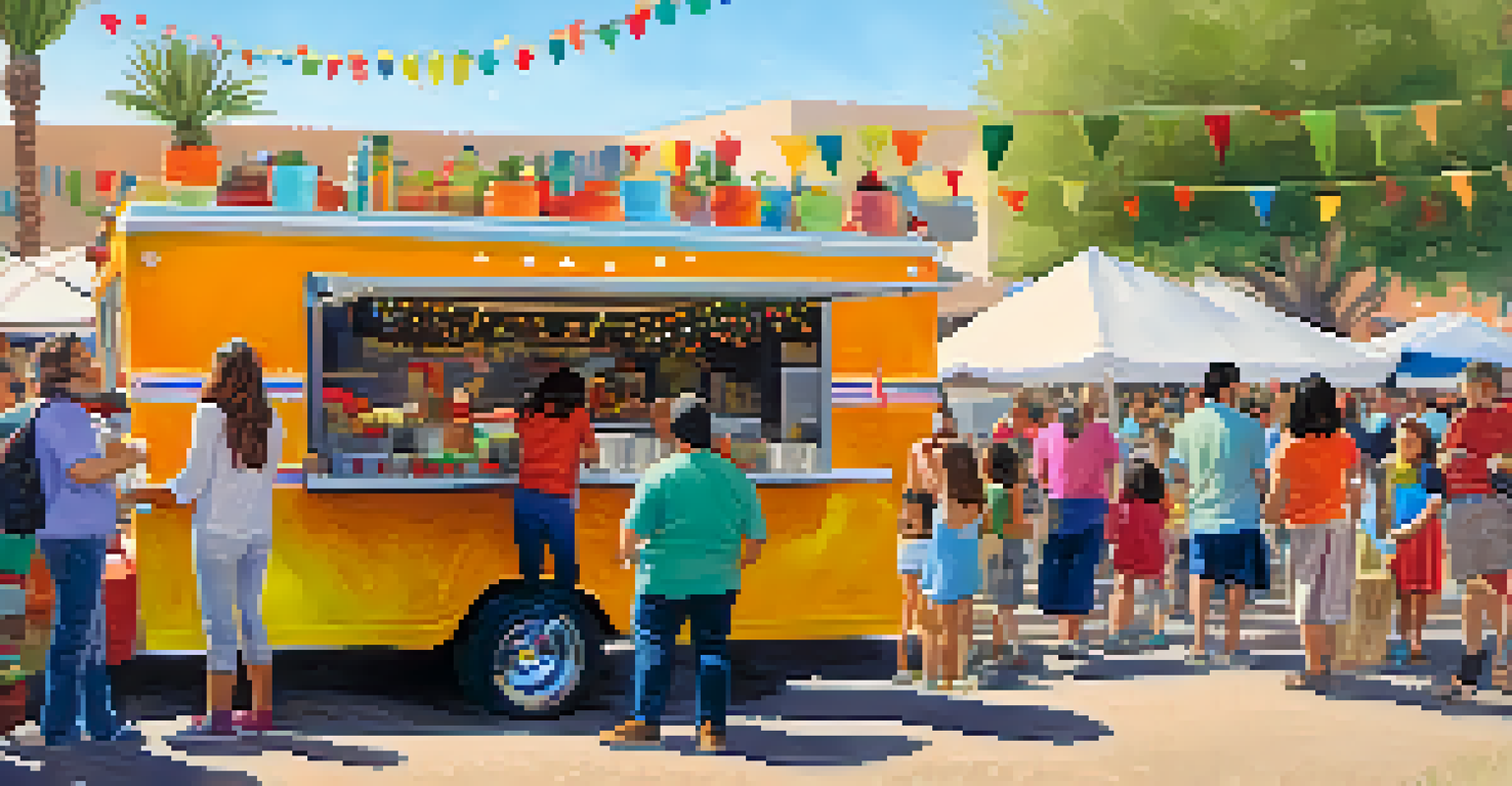 A lively food truck area at a folk festival with people enjoying various cuisines and a festive atmosphere.