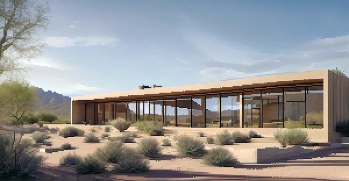 A sustainable building in Tucson made of adobe, surrounded by desert plants under a clear blue sky.