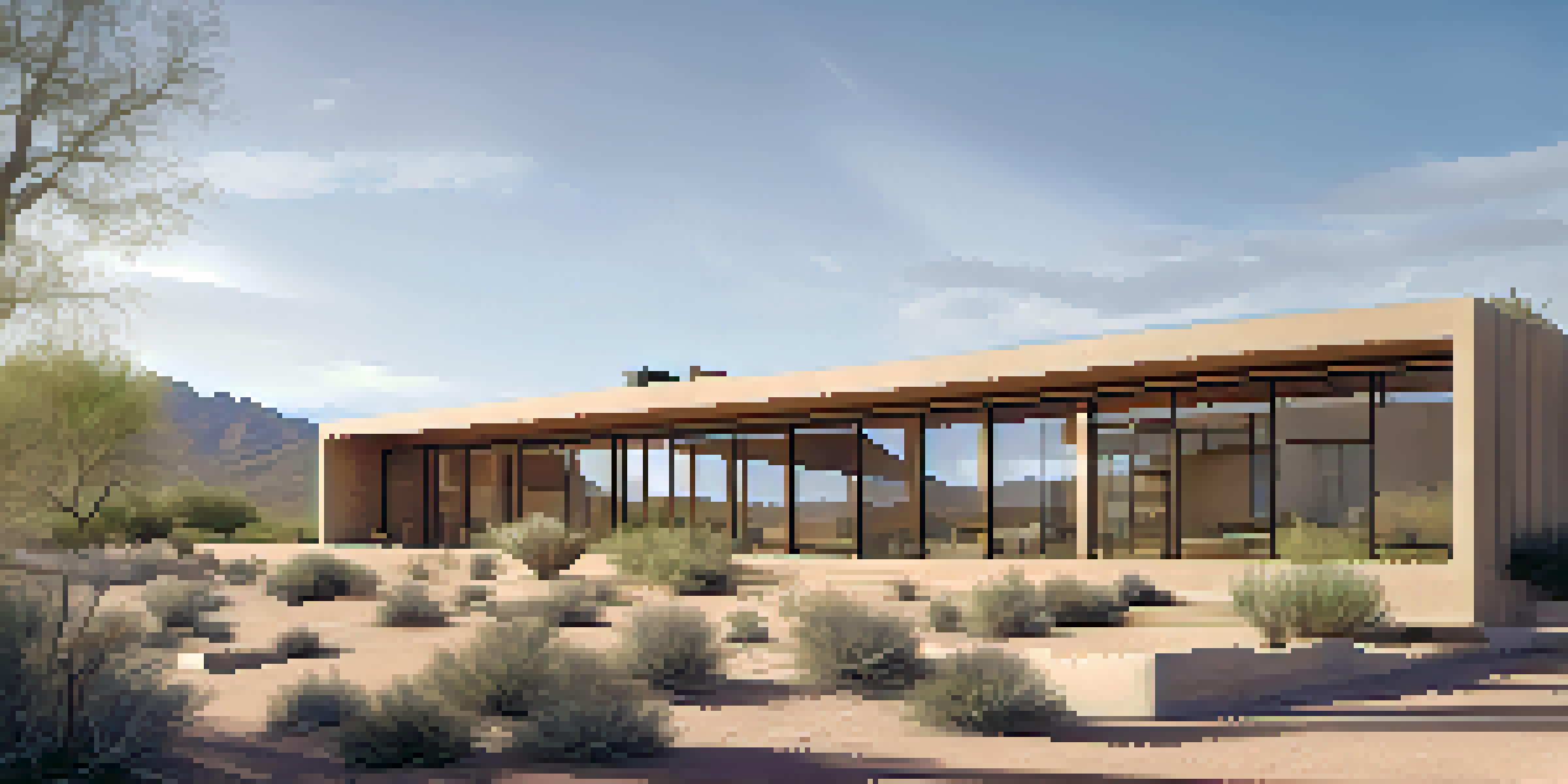 A sustainable building in Tucson made of adobe, surrounded by desert plants under a clear blue sky.
