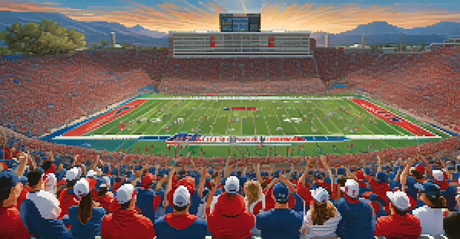 An enthusiastic crowd at a University of Arizona sports event, showcasing fans in Wildcat gear and players in action on the field.