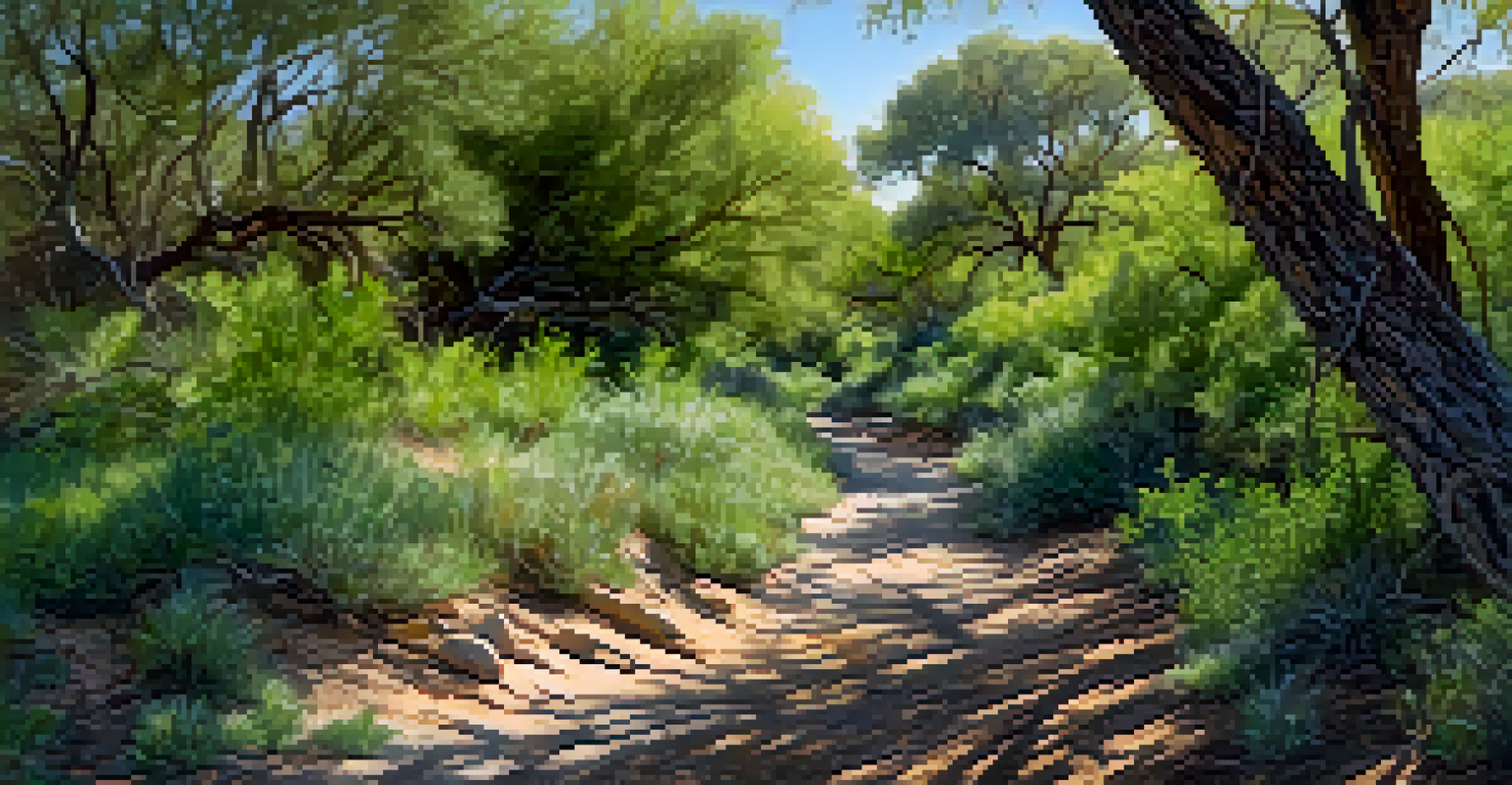 A scenic trail in the Cienega Creek Preserve, surrounded by rich vegetation and a flowing creek, with wildlife hidden among the greenery.