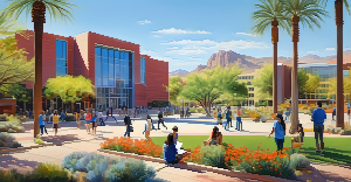 A lively campus at the University of Arizona with students studying outdoors among colorful desert plants and modern buildings under a clear blue sky.