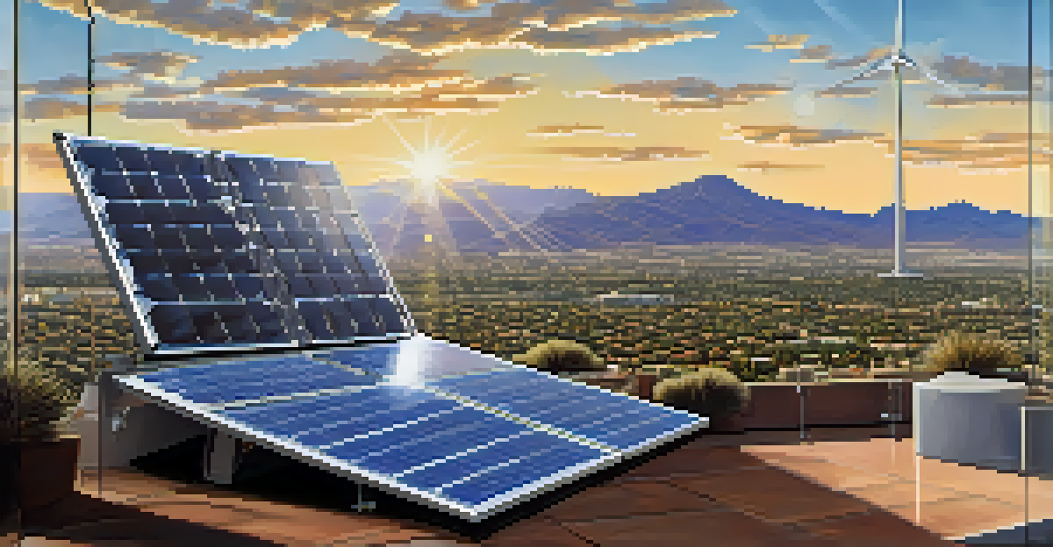 Detailed view of an advanced solar panel with a Tucson skyline in the background.