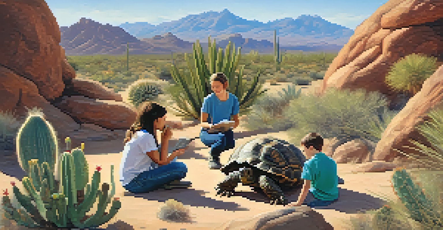 Students at the Arizona-Sonora Desert Museum observing a desert tortoise with a beautiful desert landscape in the background.