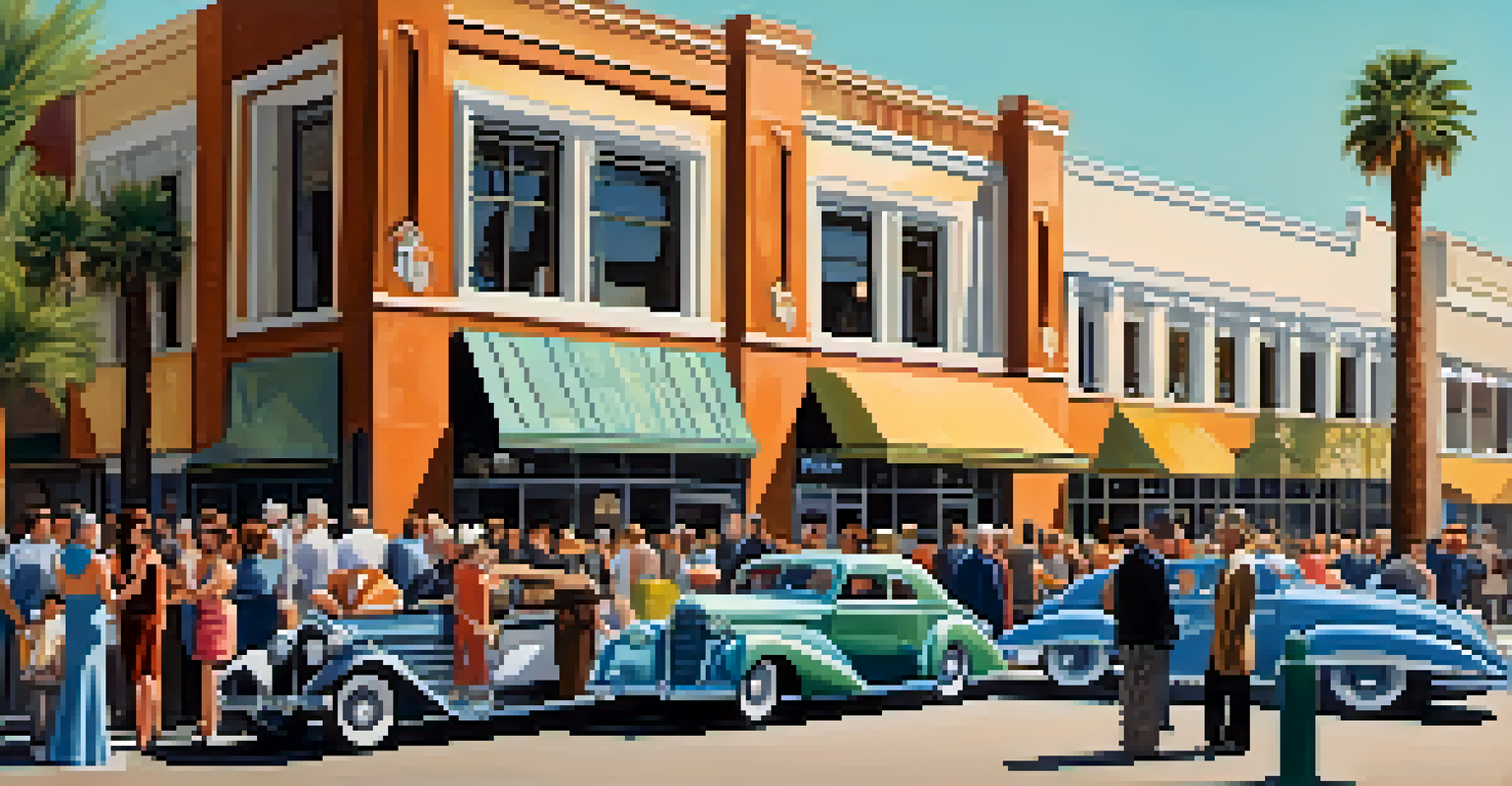 A vibrant community art walk in Tucson, featuring local artists displaying contemporary works inspired by Art Deco, amidst historic buildings.