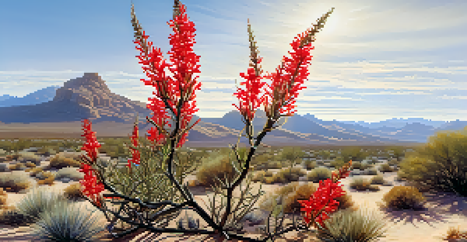 A close-up of an ocotillo plant blooming with red flowers set against a soft-focus desert background.