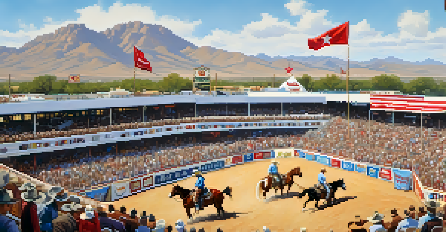 A lively scene from the Tucson Rodeo with cowboys and cowgirls in action and a desert backdrop.