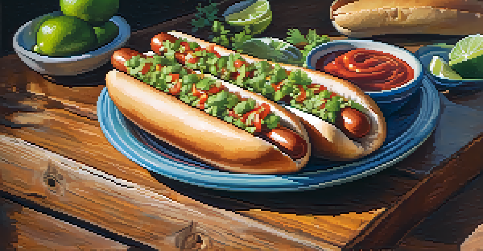 A delicious Sonoran hot dog topped with cilantro and lime on a rustic table, illuminated by warm sunlight.