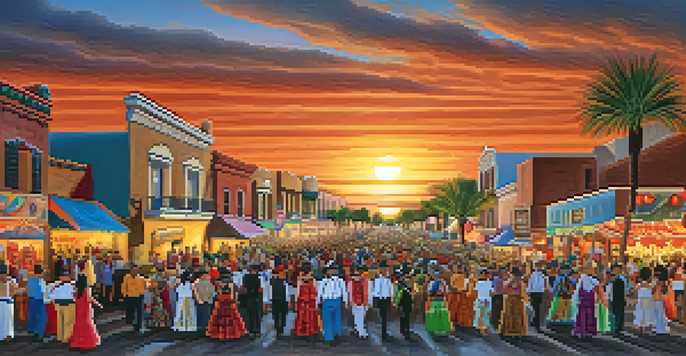 A vibrant parade scene from Las Fiestas de Tucson with floats, dancers, and musicians during sunset.
