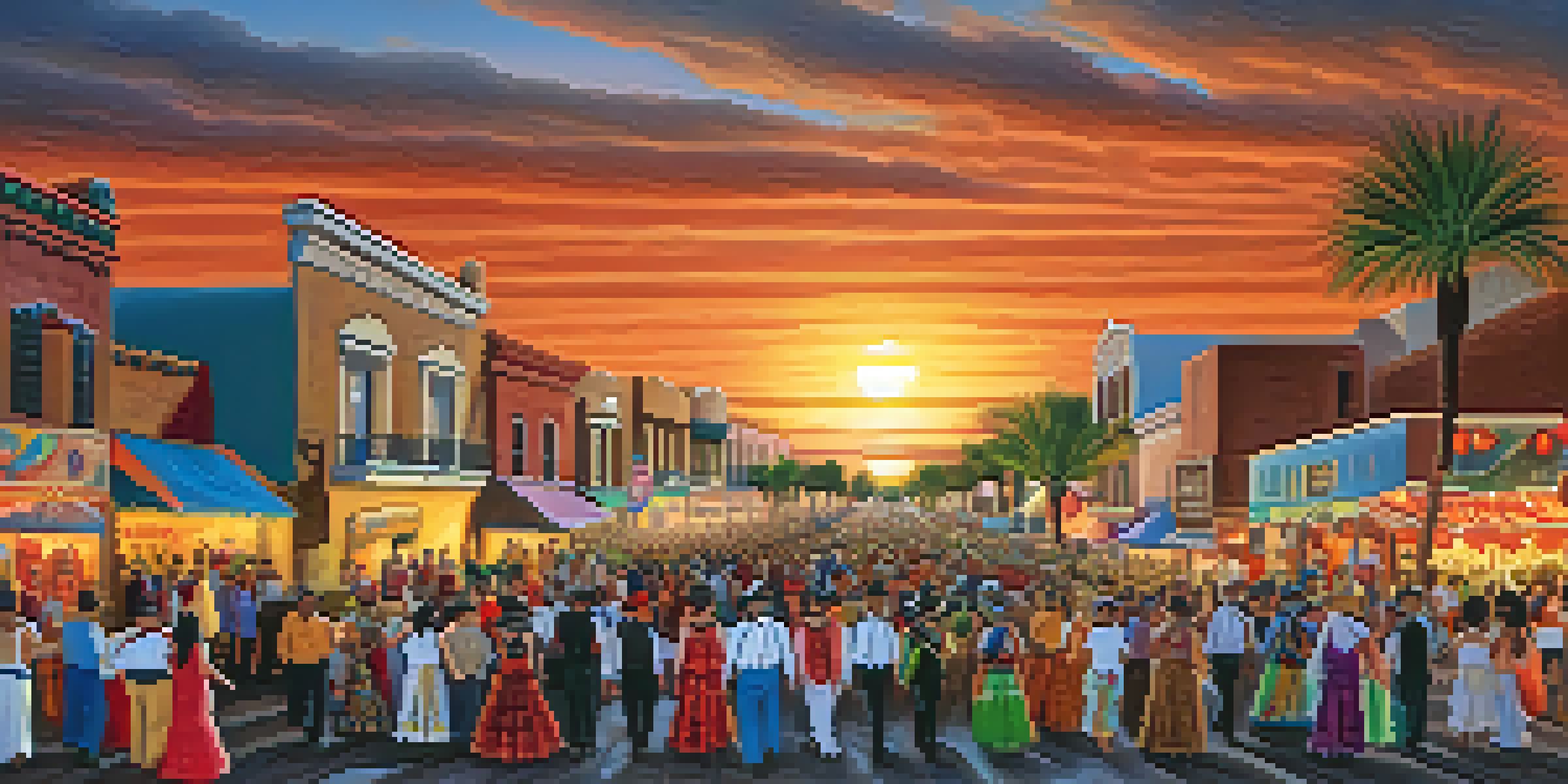 A vibrant parade scene from Las Fiestas de Tucson with floats, dancers, and musicians during sunset.