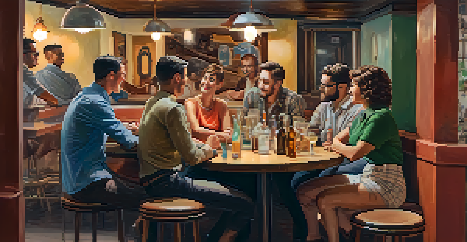 A cozy underground bar in Tucson during the 1960s with LGBTQ+ activists engaged in discussions, illuminated by soft lighting.