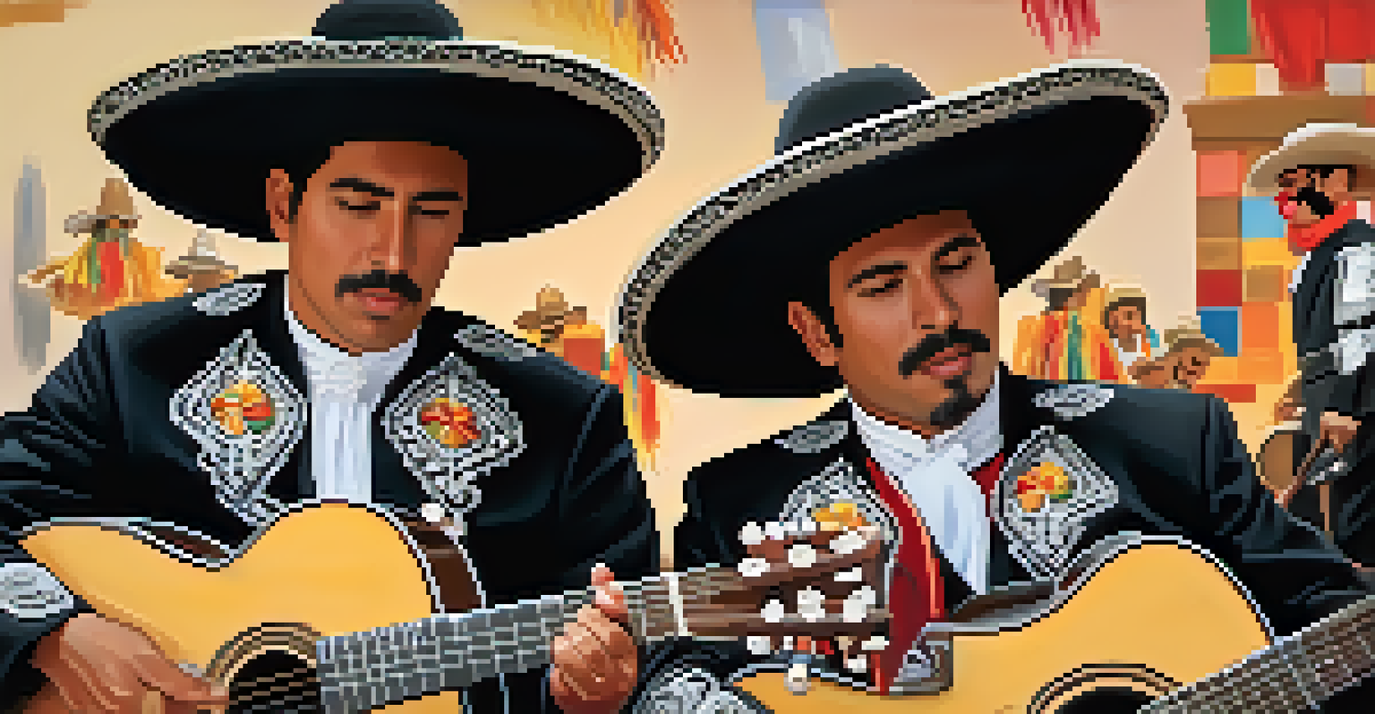 Close-up of a mariachi band in traditional outfits, performing with instruments like guitars and trumpets, capturing their expressions.