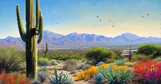 A sunny Tucson park with native plants, wildflowers, a Gambel's quail, and a saguaro cactus under a clear blue sky.