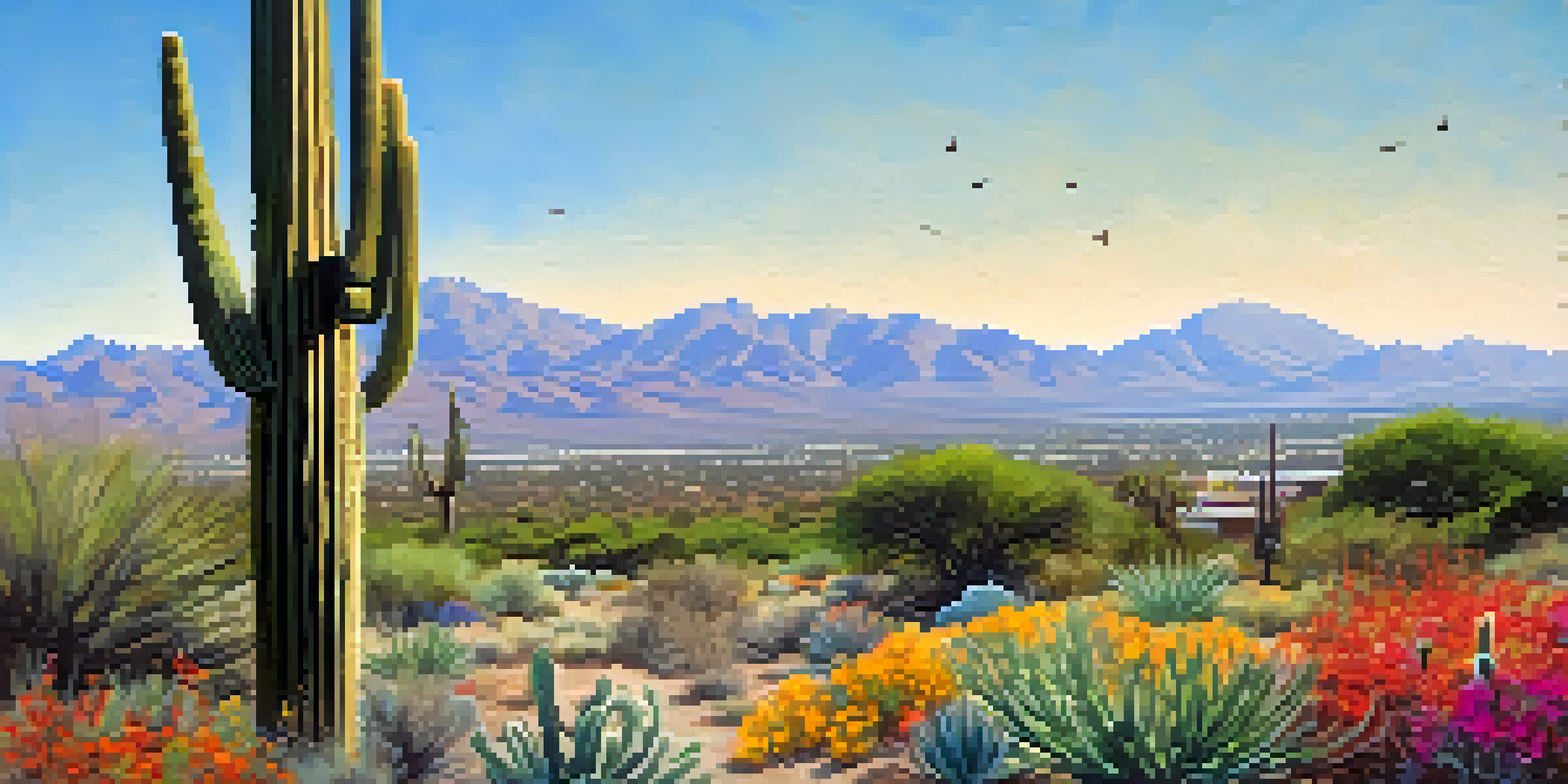 A sunny Tucson park with native plants, wildflowers, a Gambel's quail, and a saguaro cactus under a clear blue sky.