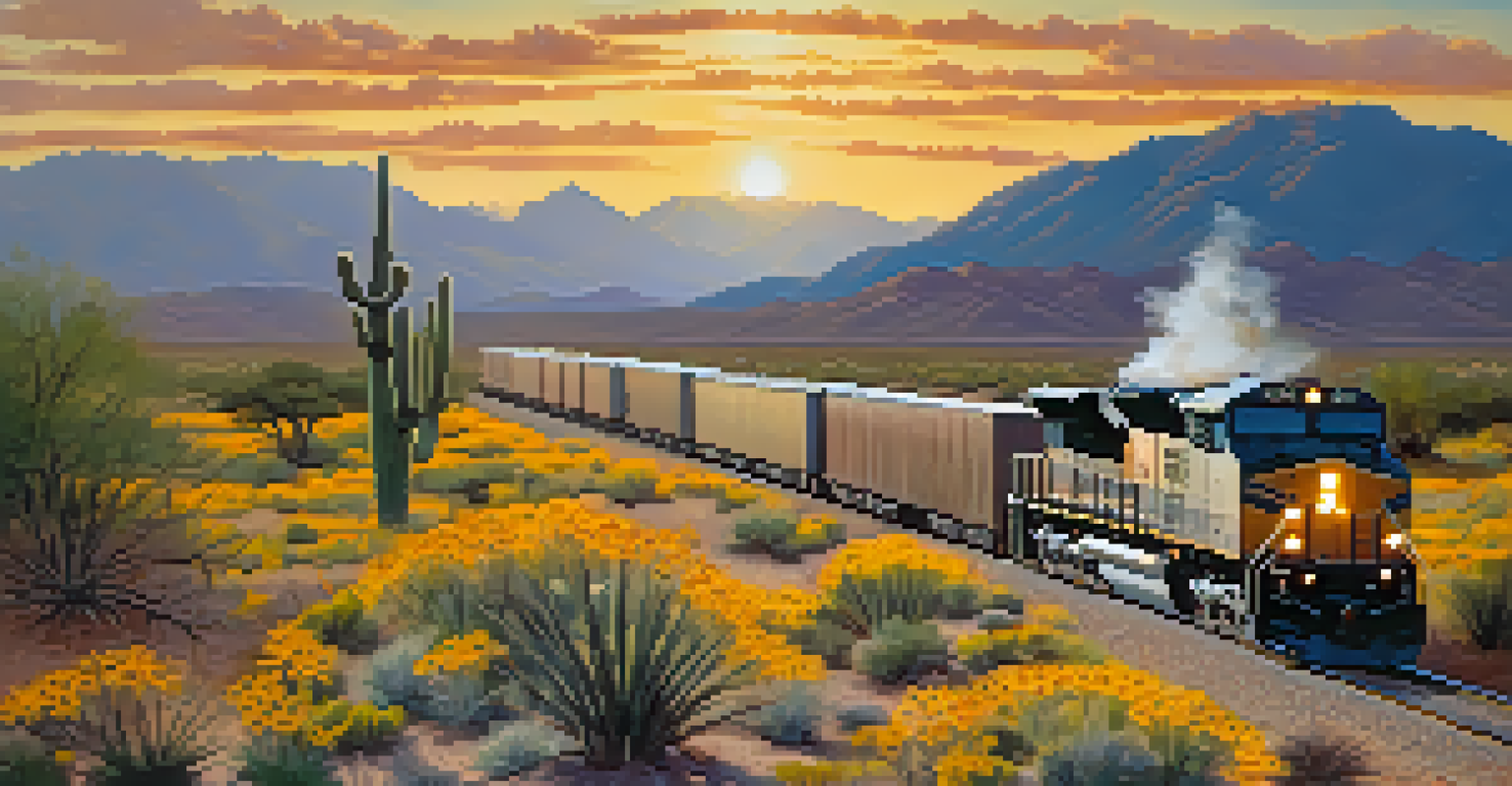A freight train moving through the Sonoran Desert near Tucson, with wildflowers in the foreground and mountains in the background at sunset.