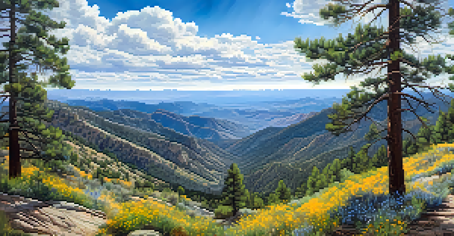A scenic view from the Marshall Gulch Trail on Mt. Lemmon, highlighting a pine forest and expansive valley views.