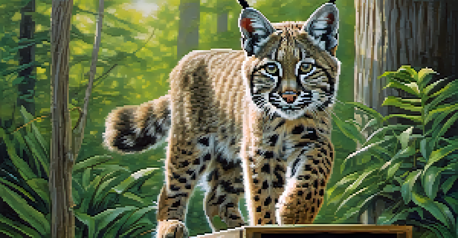 A young bobcat being released back into the wild from a transport crate, surrounded by lush greenery.