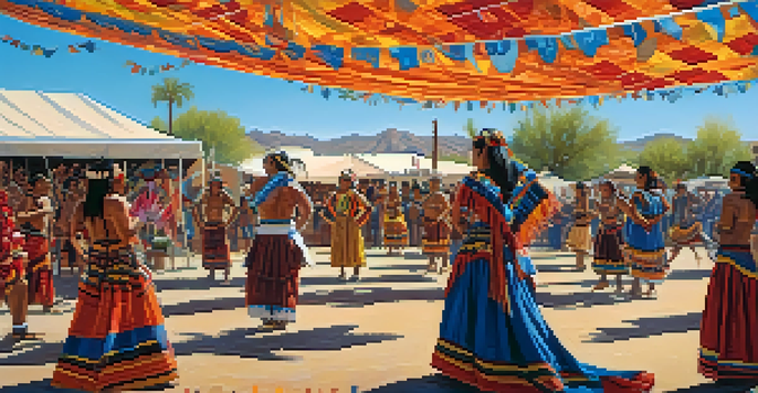 A lively festival in Tucson with Indigenous dancers in traditional costumes, colorful banners, and engaged audience members.