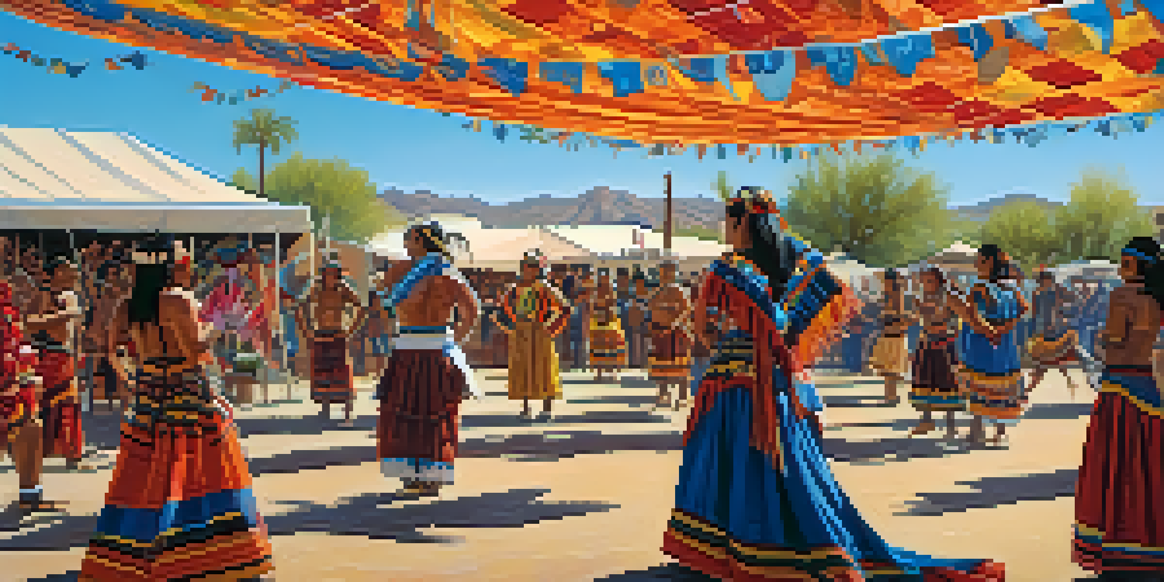 A lively festival in Tucson with Indigenous dancers in traditional costumes, colorful banners, and engaged audience members.