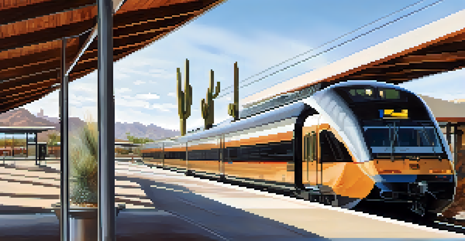 A modern passenger train station in Tucson filled with travelers and reflecting the desert landscape.