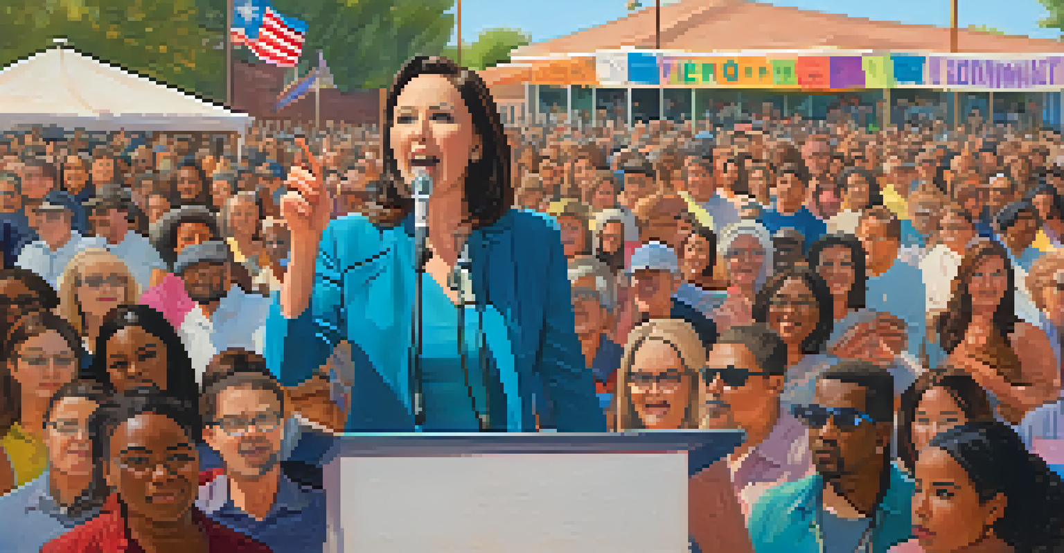 A confident female politician delivering a speech at a community event in Tucson, with supportive audience members.