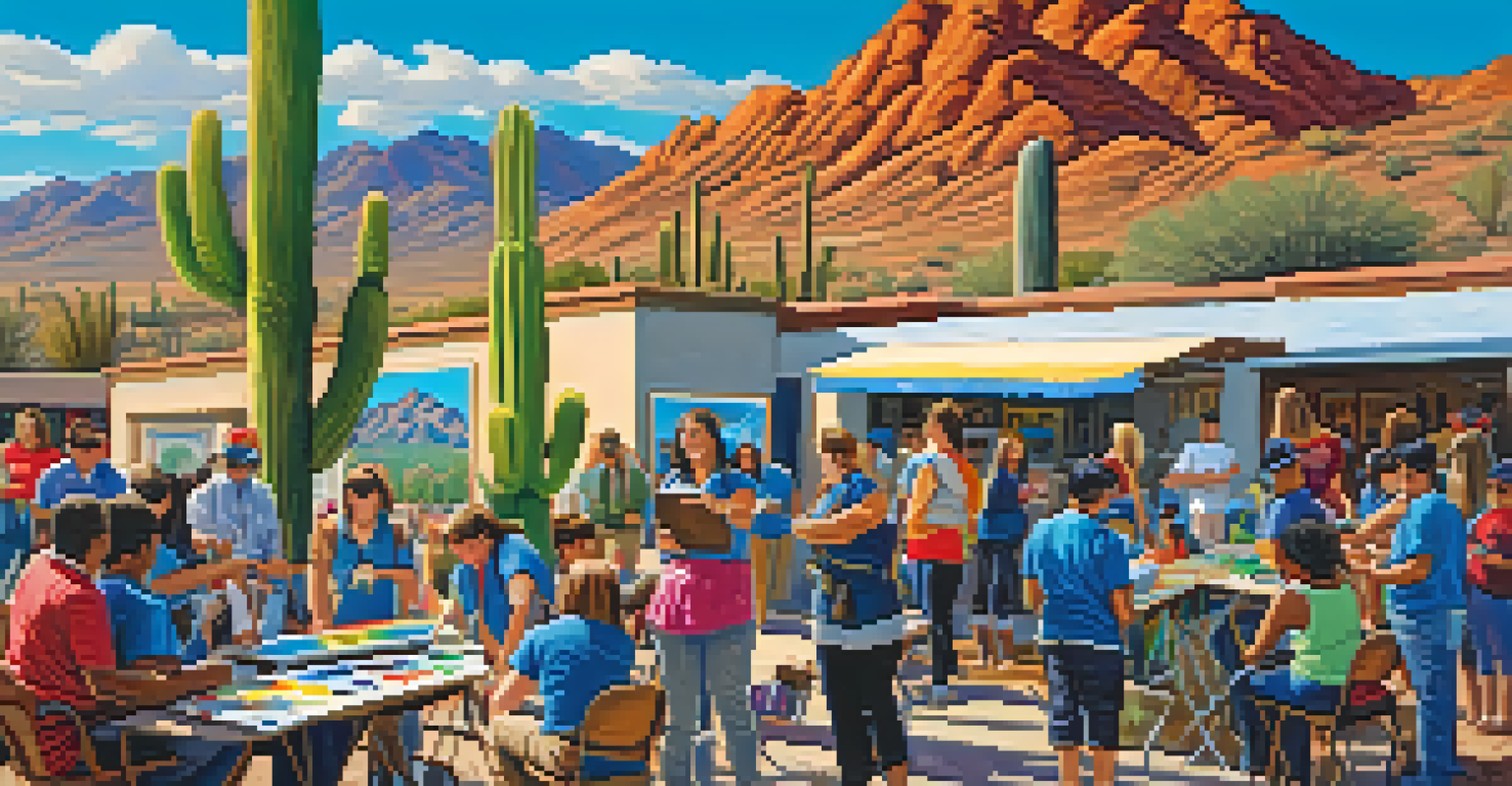 An outdoor art workshop in Tucson with students and local artists working on vibrant murals, set against a scenic landscape.