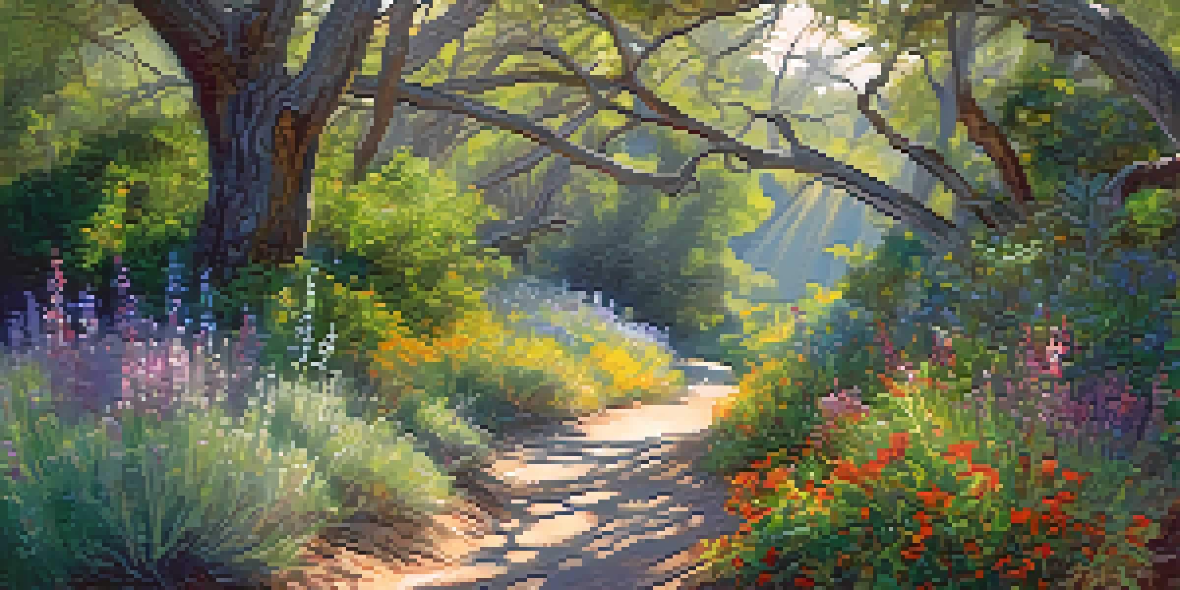 A peaceful hiking trail surrounded by wildflowers and greenery in Sweetwater Preserve, with a hawk flying overhead.