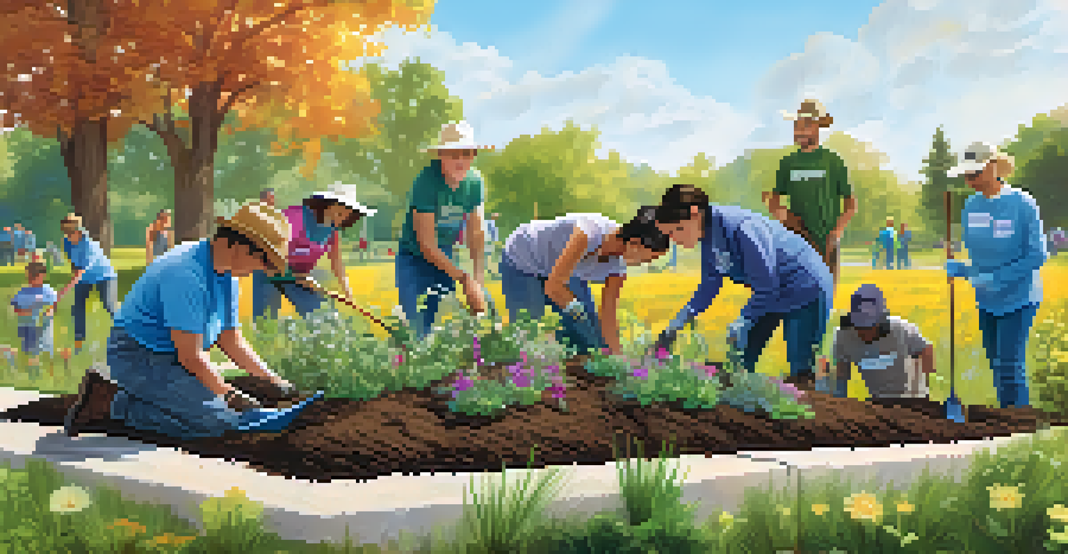 Volunteers participating in a community event to plant native plants in a park, with a banner promoting conservation and colorful wildflowers in the background.