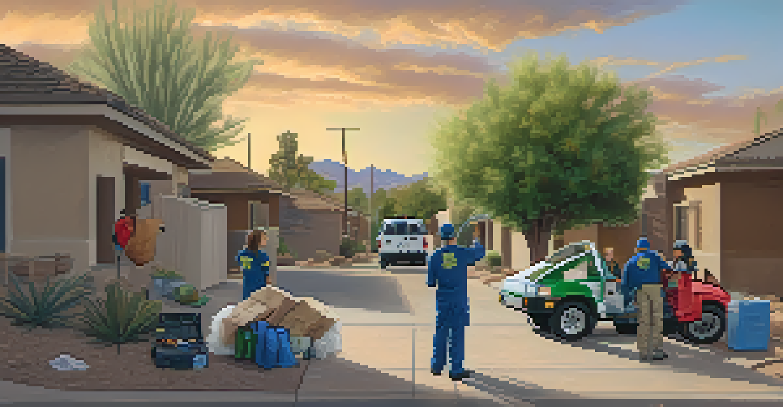 A CERT volunteer guiding a family during a simulated disaster scenario in Tucson, with a neighborhood backdrop.
