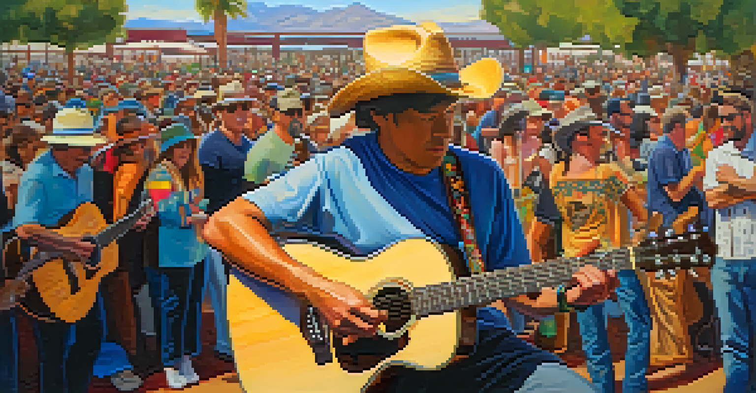 A local musician playing an acoustic guitar at a Tucson music festival, surrounded by colorful decorations and dancing festival-goers.