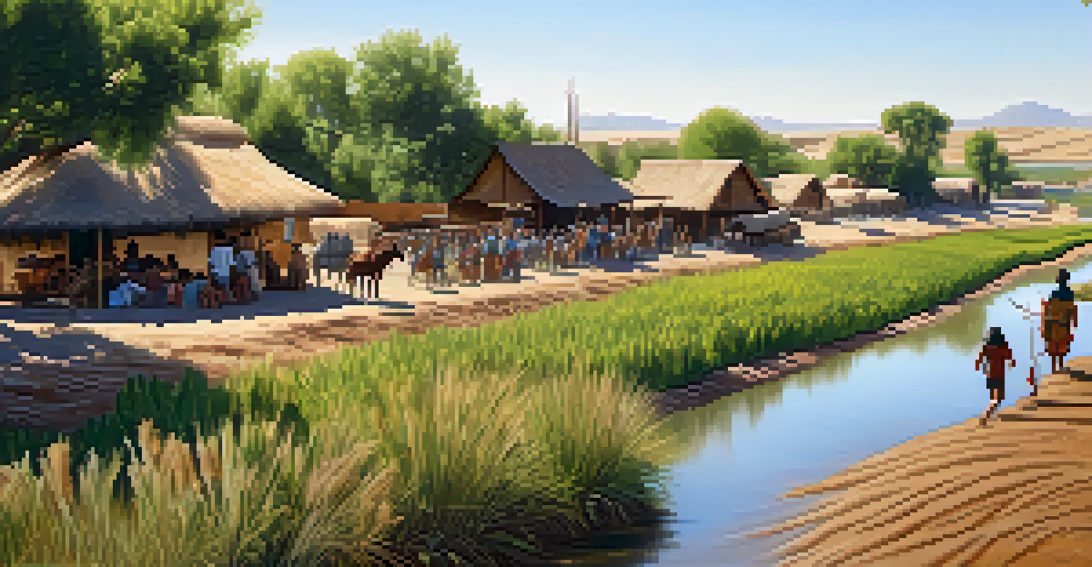A traditional Native American community by a river with farming activities and adobe houses.