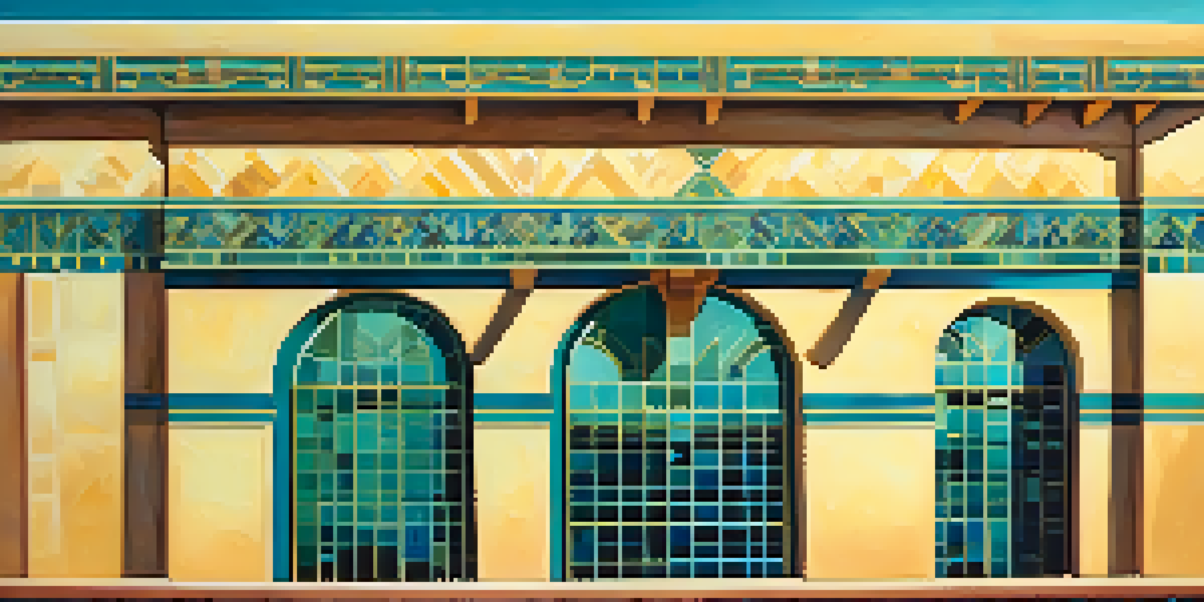 An Art Deco building in Tucson with colorful geometric patterns, surrounded by a bright blue sky and soft shadows from the desert sun.
