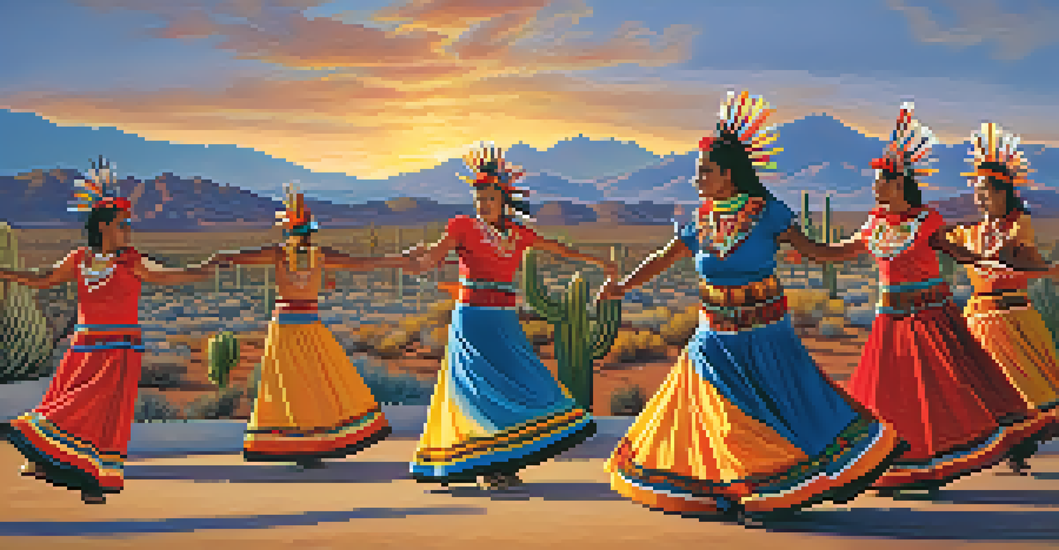 Native American dancers in traditional attire performing at the Gourd Dance Festival in Tucson, with a desert landscape at sunset in the background.